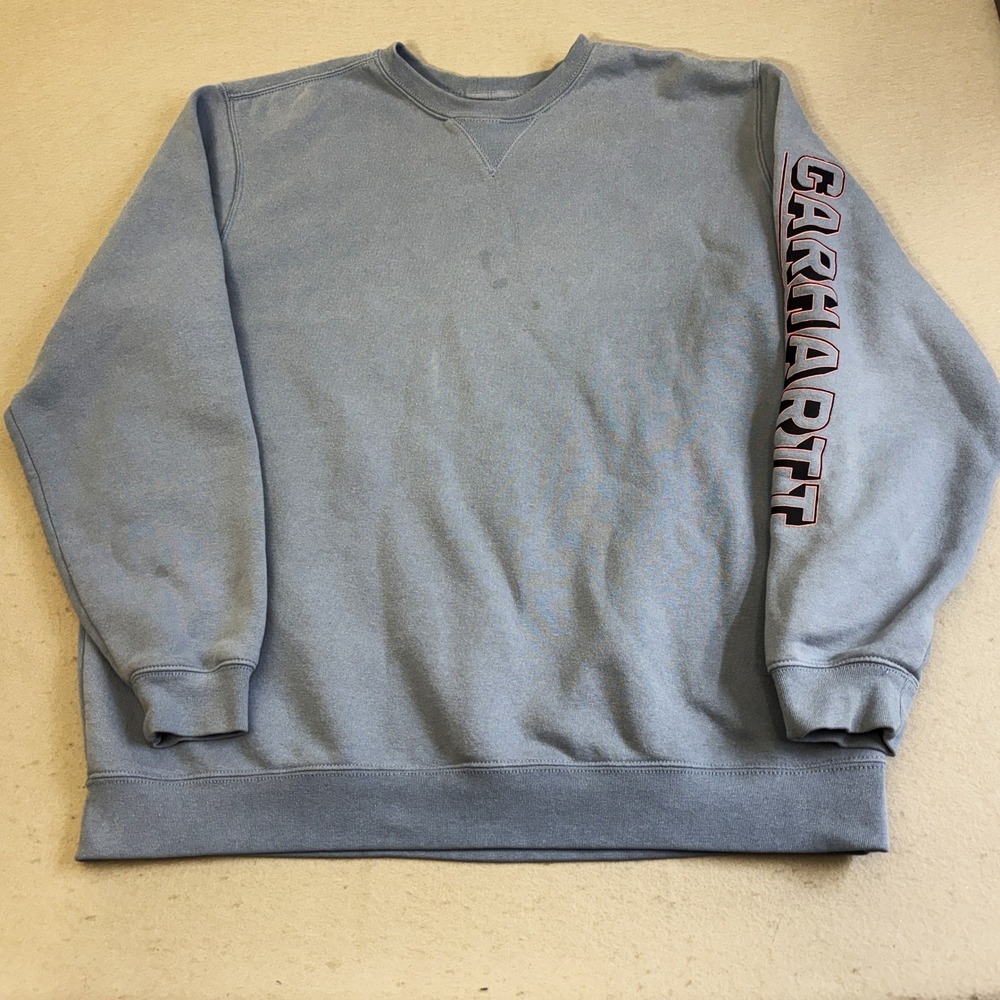 Vtg Carhartt Sweatshirt Mens XL Blue Loose Fit Sleeve Graphic Crewneck Logo Work